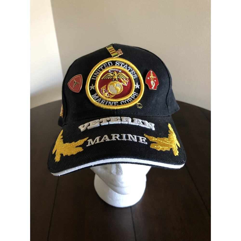 USMC Veteran USA Wreath Dark Blue Embroidered Hat W/ Service Pins. LN